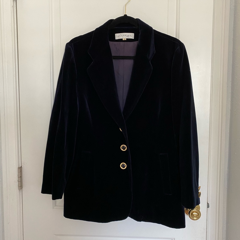 Vintage oversized navy blue velvet blazer jacket